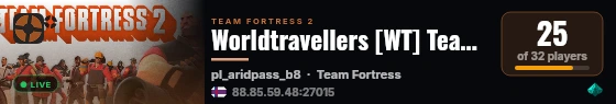 Worldtravellers [WT] Team Fortress 2 Server live status badge