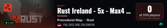 Rust Ireland - 5x - Max4 | Scrap+ | 50% Upkeep | Weekly live status badge