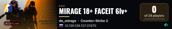MIRAGE 18+ FACEIT 6lv+ live status badge