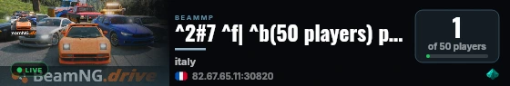 ^2#7 ^f| ^b(50 players) public server ^f| ^6no mods ^f| ^aItaly ^f| ^65 cars per players ^f| ^dhttps://beammp.paxiz.org live status badge