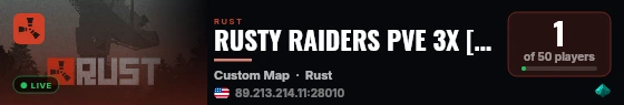 RUSTY RAIDERS PVE 3X [NPC's|KITS|Raids|Quest|Events|Purge] live status badge