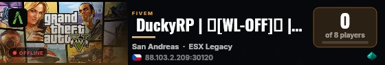  DuckyRP | 🔓[WL-OFF]🔓 | 🏠Volne frakce🏠 | 🏝️Cayo perico🏝️ live status badge