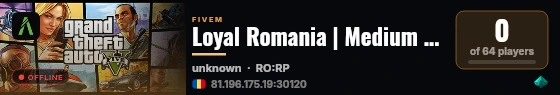 Loyal Romania | Medium RolePlay | 100.000.000$ DE INCEPUT | STAFF FREE | FPS BOOST ||| DISCORD.GG/LOYALRO live status badge