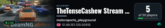 TheTenseCashew Stream Server  SAT 8-10PM GMT  WED 5-7PM GMT  live status badge