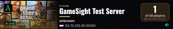 GameSight Test Server live status badge
