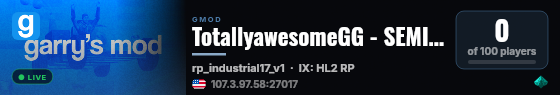 TotallyawesomeGG - SEMI Serious HL2RP - Low Addon & FastDL live status badge