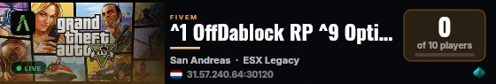 ^1 OffDablock RP ^9 Optimized | ^1 18+ Roleplay | ^9 Streamer & Female Friendly | ^1 Custom Hoods | ^9 Custom MLOS | ^1 Semi Serious Community | ^9 Wars | ^1 Events | live status badge