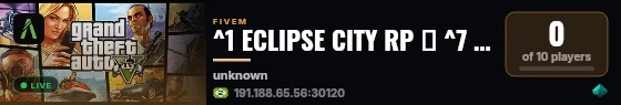 ^1 ECLIPSE CITY RP 🐲 ^7 | ✔️ RP DO BRASIL! 💯 | 👽 https://discord.gg/79a4d7YJQ3 live status badge