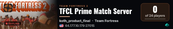 TFCL Prime Match Server live status badge