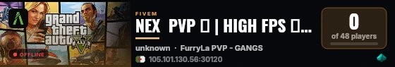 NEX  PVP 💎 | HIGH FPS ⚡ | GANGS 🔫 |  VIP 💰 | FIGHT CLUB 🎯 | CLOTHING 👕 live status badge