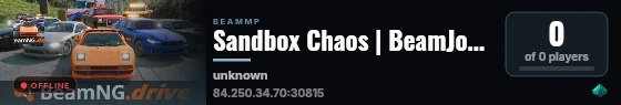 Sandbox Chaos | BeamJoy + Flood + Maps live status badge