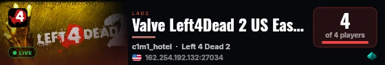 Valve Left4Dead 2 US East Server (srcds1001-iad1.121.20) live status badge