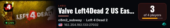 Valve Left4Dead 2 US East Server (srcds1002-iad1.121.18) live status badge