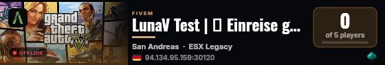 LunaV Test | 🎮 Einreise geöffnet | ⚔️ Custom FFA & GANGWAR 24/7 | 📦 Lootdrops | 🔫 Headshot Oneshoot | 🎤 IngameVoice | 🧍‍♂️ Angel-System live status badge