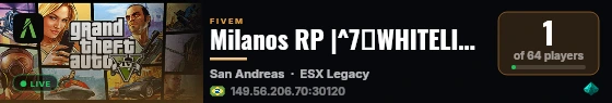 Milanos RP |^7📜WHITELIST📜^7 | ^1RP SERIO^1 | ^3💻SCRIPT UNICOS💻^3 | ^2🎭CARTELES - MAFIA - GANGA🚬^2 | ^5💯NEGOCIOS REALES💯^5 | ^4⚠️100% OPTIMIZADO⚠️^4 ^6⭐COMUNIDAD LATINA Y MAS ⭐^6 live status badge