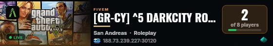 [GR-CY] ^5 DARKCITY ROLEPLAY ^7 | ^6PUBG AND FFA EVENT ^7 | ^1 120 CUSTOM WEAPONS live status badge