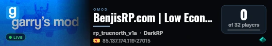 BenjisRP.com | Low Economy | Cars | Custom Content live status badge