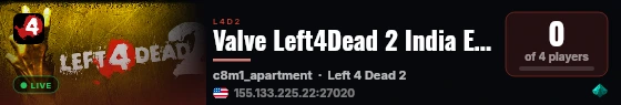 Valve Left4Dead 2 India East Server (srcds1009-maa2.383.6) live status badge