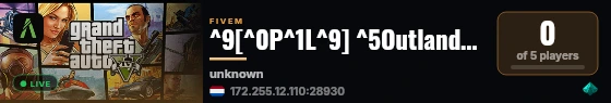 ^9[^0P^1L^9] ^5Outlands^2RP 📣 ^2WL OFF 📣 ^2discord.gg/outlandsrp live status badge