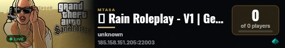 █ Rain Roleplay - V1 | Gerçekçi Roleplay Deneyimi | (Turk/Türk) | discord.gg/rainroleplay live status badge