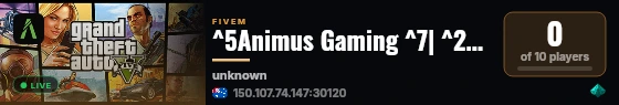 ^5Animus Gaming ^7| ^2AU Roleplay ^7| ^3Now Recruiting Civs • Crime and Gov live status badge