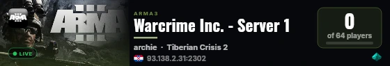 Warcrime Inc. - Server 1 live status badge