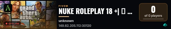 NUKE ROLEPLAY 18 +| 💣 ATOMIC BOMB CITY 💣 | 💲 150 000 START BONUS 💲 | 💼 MAX ROLEPLAY 💼 | 👨‍💼 STAFF 👨‍💼 | 💀 NARCOTICS 💀 | 🏴 ROBBERY 🏴 | live status badge