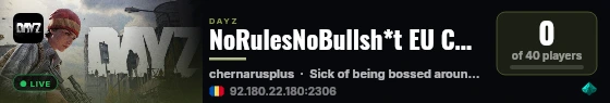 NoRulesNoBullsh*t EU Chernarus Vanilla+ 1PP discord:nTnyWpt4cq live status badge