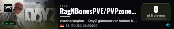 RagNBonesPVE/PVPzones AIBandits Trader 200kstartcash 6monthWipe live status badge