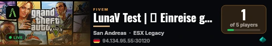 LunaV Test | 🎮 Einreise geöffnet | ⚔️ Custom FFA & GANGWAR 24/7 | 📦 Lootdrops | 🔫 Headshot Oneshoot | 🎤 IngameVoice | 🧍‍♂️ Angel-System live status badge