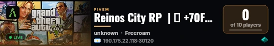 Reinos City RP  | ✅ +70FPS ✅ | 📛 NO WHITELIST 📛 | 🕵️‍♂️ Mafias Personalizadas 🚬 | 👮‍♂️ PFA,SAME,Mecanicos y Mas 👮‍♀️ | 💊 Drogas Secretas 💊 | 🚗 Coches reales 🚗 | 💻 Desarrollo Constante 💻 | 👨‍🔧 STAFF 24/7 👩‍🔧 |  el q tenga ganas de unirse es live status badge