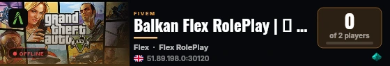 Balkan Flex RolePlay | 📄 Nema WL | 👕 Custom Odeca | 🔥 Custom Scripte | ⚙️ Najbolja Optimizacija | 💎 Sezona 1 live status badge