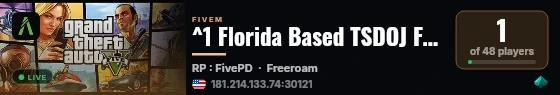 ^1 Florida Based TSDOJ FivePD | ^4 Anyone can be LEO | ^1 Custom Vehicles | ^4 No Civilian RP |^1 Customs Uniforms | ^4 Florida Based | ^1 FivePD | ^4 https://discord.gg/7R2qjbxGHD live status badge