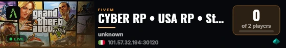 CYBER RP • USA RP • Start con pistola, 100.000$ e auto moddata • Criminalità avanzata • Polizia realistica • Lavori unici • Economia bilanciata • Fondatori: Loyal & Zeldris • Developed By Loyal# live status badge