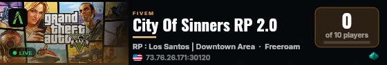 City Of Sinners RP 2.0 live status badge