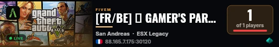 [FR/BE] 💜 GAMER'S PARADISE 🡺 🔒 RP SÉRIEUX 🡺 🎁 EXCLUSIF & OPTIMISÉ 🡺 DISCORD.GG/https://discord.gg/vdeJ4SDq 💜 live status badge