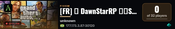 [FR] 🌎 DawnStarRP 🌎🛂SEMI-WHITELIST🛂 | 🇫🇷 🚓LSPD🚓 | 🚒EMS🚒 | | 🏢Entreprises🏢|Nombreuses drogues | 🎮Manette🎮 🇫🇷 live status badge