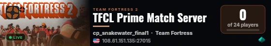 TFCL Prime Match Server live status badge