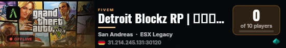 Detroit Blockz RP | ━━━✦↝ SEMI SERIOUS SERVER ↜✦━━━ | 🔫 Gangs | 💊 Drugs | 🚗 Custom Cars | 🏢 Businesses | 👮 PD | 🚑 EMS | 💰 Economy | 💜 Active Staff live status badge