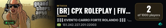 [BR] CPX ROLEPLAY | FIVEM | EMPREGO, FAVELA, TRAFICO, POLICIA, TRABALHO, CORRIDA, FUGA, COMPLEXO live status badge