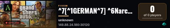 ^7[^1GERMAN^7] ^6Narcotrololocal ^0| ^4Roleplay mit Niveau ^0| ^4🛡️IC Einreise ^0| ^6Fraktionen^0/^2Legale^0/^1Illegale ^6Routen^0 ^0| ^6🔥HIGH PERFORMANCE🔥 ^0|  live status badge
