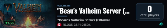 "Beau's Valheim Server (Ottawaland)" live status badge