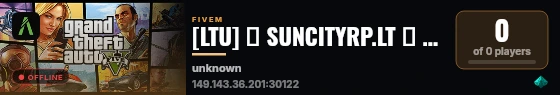 [LTU] ☀️ SUNCITYRP.LT ☀️ Lietuviškas roleplay serveris | 🗺️ Paleto Bay | Sandy Shores | Grapeseed | live status badge