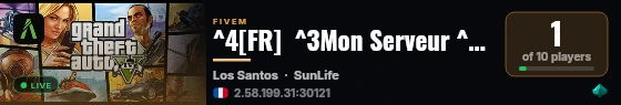 ^4[FR]  ^3Mon Serveur ^3| 💸 15K DÉPART + 500 Coin's 💸 | 💻 ^1+100FPS 💻 | 👥 ^5STRICT RP 👥 | 🔊 ^1https://discord.gg/Mon Serveur live status badge