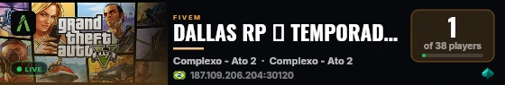 DALLAS RP 🌾 TEMPORADA 2 orgs e facs livres eventos diários ➡️ VERDADEIRO RP ESTÁ AQUI #COMUNIDADE live status badge