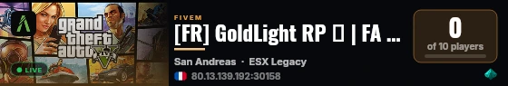[FR] GoldLight RP 🌇 | FA ✅ | Économie HAUTE 💰 | Véhicules MODDÉS 🚗🔥 | 📌 Discord.gg/goldlightrp live status badge