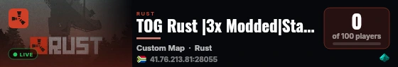 TOG Rust |3x Modded|Stack Sizes|Raidable Bases|Airfield Events| live status badge