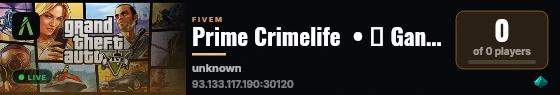 Prime Crimelife  • 💀 Gangwar & FFA  • 🔥 Kranke Performance • 💵 0K Startgeld • 🔫  Fraktions System live status badge