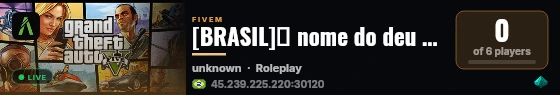 [BRASIL]💎 nome do deu server 💎|📋WHITELIST📋| 🎉SERVER NOVO🎉  💸50K Inicial💸 |🔫Facs e Orgs🔫|👮🏾PM,ROTA👮🏾|🚑 SAMU🚑 | 🏆https://discord.gg/YvCwq6n🏆 | live status badge