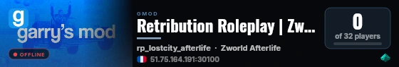 Retribution Roleplay | Zworld Roleplay v0.9.1z live status badge